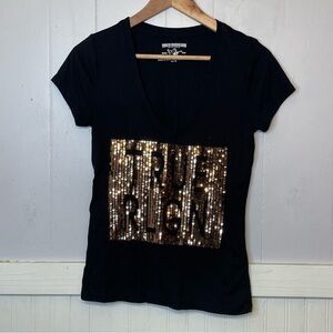True Religion Shirt world tour v neck black gold sequins womens XS
